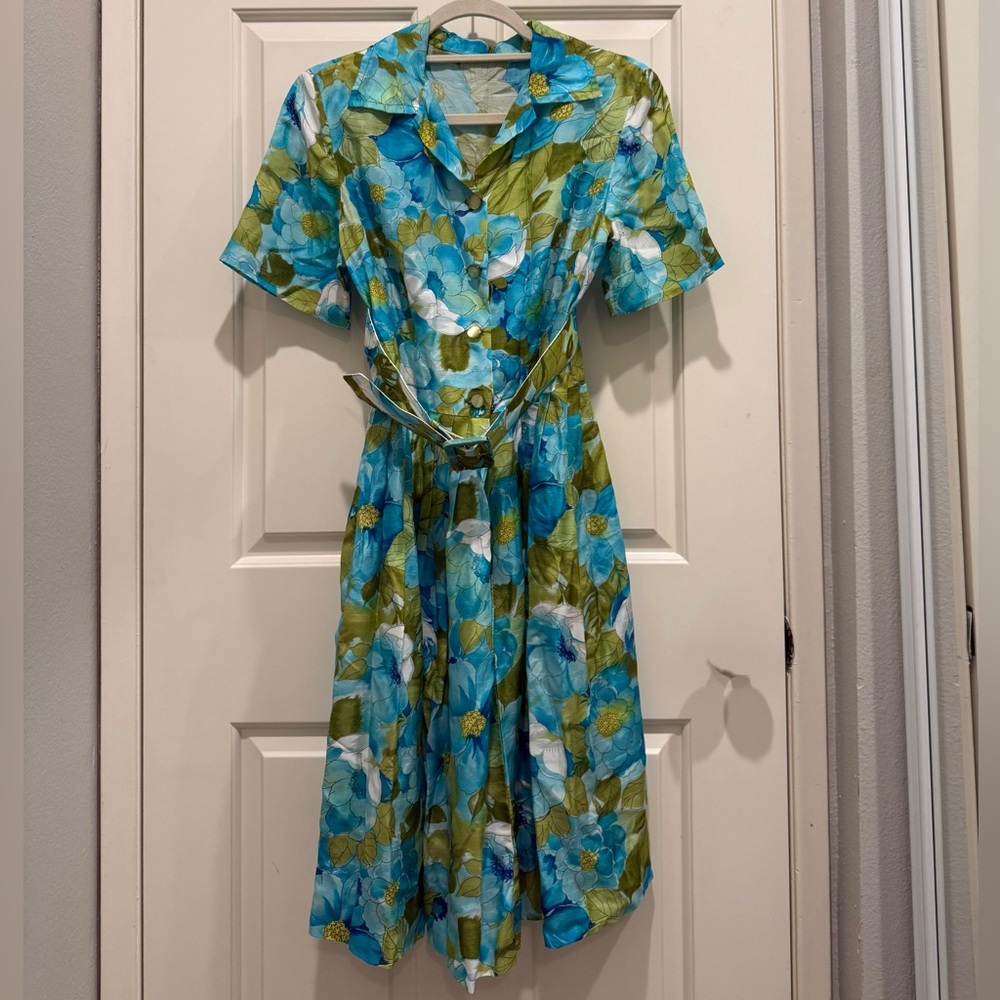 American Vintage Floral Midi Dress - Blue and Olive